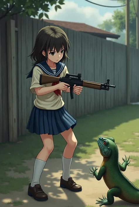 Schoolgirl holding a gun, shooting a lizard