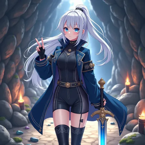 "A Japanese anime-style illustration of a 16-year-old girl in a modern isekai fantasy world. She has long, flowing light gray hair tied into a high ponytail that cascades down her back, with soft strands framing her delicate face and a light fringe across ...