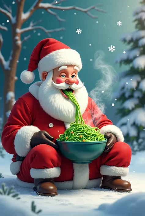 Santa is eating green noodles in the snow. 