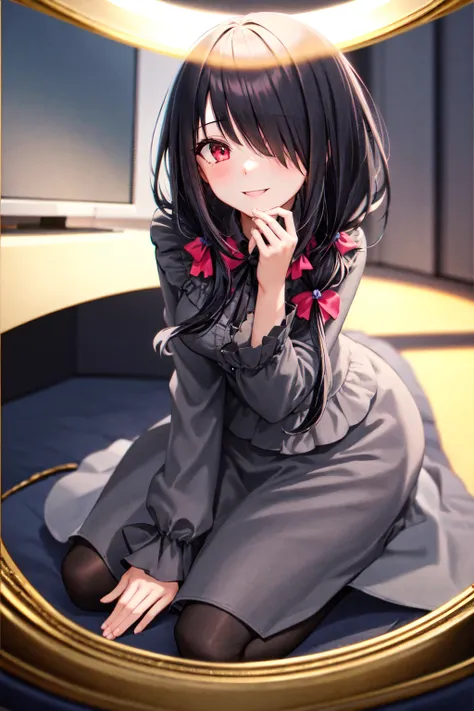 1girl, solo, kneeling, seiza, cckurumi, long hair, low twintails, hair flower, hair over one eye, hair bow, gothic, black dress, ribbon, pantyhose, slippers, sitting, smile, looking at viewer, leaning forward, indoors, living room, television, window, plan...