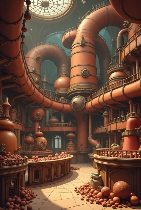 A whimsical chocolate factory inspired by the style of classic fantasy films like Charlie and the Chocolate Factory, designed in an illustrator style with a chocolate-brown color palette. The factory features oversized, imaginative machinery with whimsical...