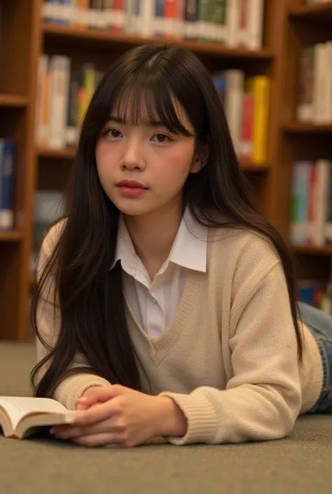 A cozy library scene featuring a young woman lying on the carpeted floor, surrounded by bookshelves filled with colorful spines. She is dressed in a soft, oversized cream sweater layered over a crisp white collared shirt, giving her a scholarly yet relaxed...