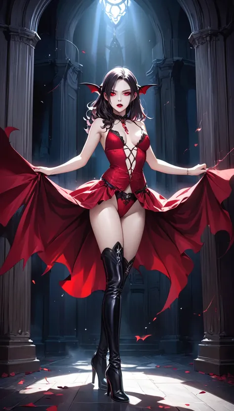 Describe a scene where a female vampire from the Tremere clan, with aristocratic features and mesmerizing eyes, is to seduce someone in a dark and mysterious environment. She is dressed in elegant clothes and displays an aura of power and mystery.... Your ...