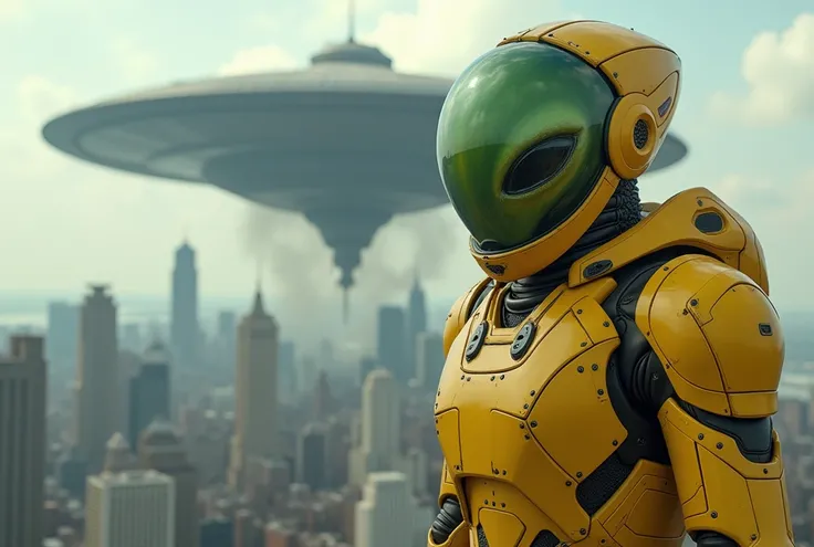 one male, yellow metal armor,  high resolution,  best quality, Necessary, high detail,  High-resolution model ,  very detailed,  Ultra High Definition ,  A huge spaceship appears over Manhattan and an alien descends in front of it, Yellow-green alien octop...