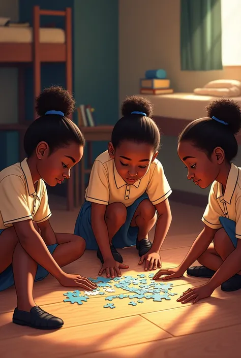  A group of Ghanaian girls in a school uniform assembling a puzzle on the floor of their dormitory. The puzzle spells out the word Success. The background features bunk beds and bookshelves.