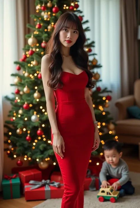 You can create an image of a Korean woman ,  Elva has long hair and bangs. Shes wearing a sexy red dress .  stands next to a Christmas tree . Next to her is a baby Korean boy on the floor playing with his toys