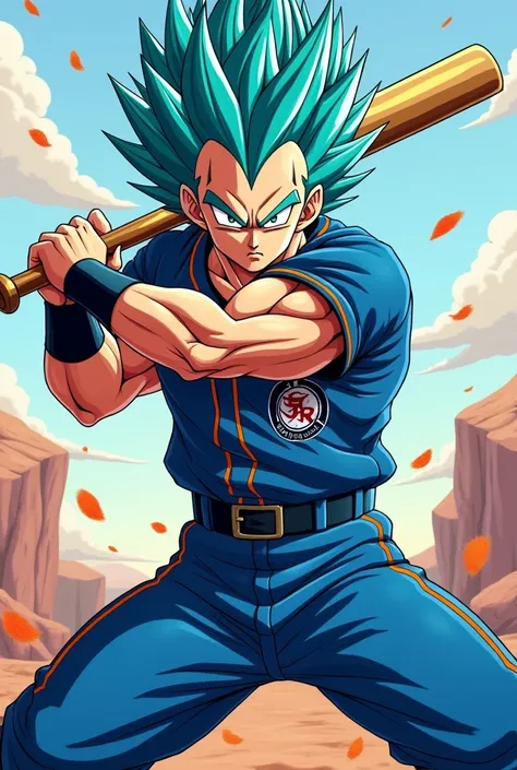 Vegetto is the fusion of Vegeta and Goku from the anime Dragon Ball Super with blue baseball player clothing,  with a bat in his hand and batting , The drawing in the Dragon Ball style 