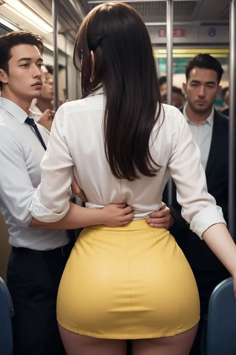 (( white shirt))、 ((yellow mini skirt ))、 ((office lady uniform ))、 J-cup large breasts、Beautifully shaped breasts、slender、 Outstanding Style 、Tight tops、Open chest、Emphasizes the fullness of the chest、Cleavage、Beautifully shaped breasts 、Open chest、Breast...