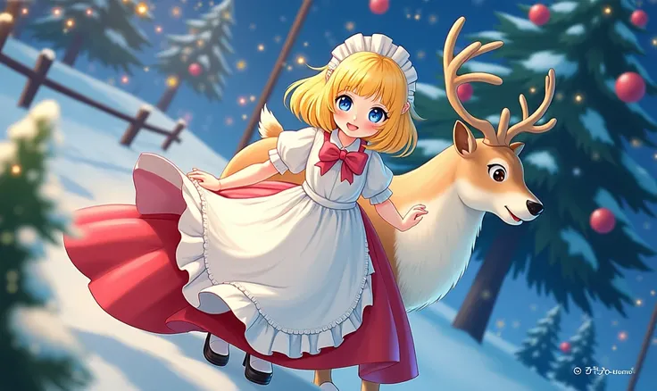  cute girl、Young、 yellow hair、 blue eyes、 dyed cheeks、 short voluminous hair 、Snow Scene、 Christmas decorations 、night、 glittering illumination 、Santa image clothes 、 mascot character of a girl and a reindeer 、Spreading out her long skirt、White frilly apro...