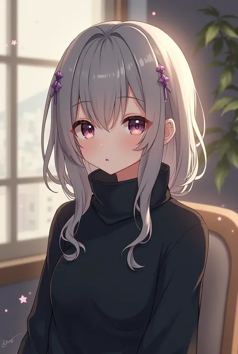 A character with kawaii , features with gray hair in a black sweater
