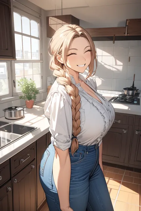 best quality,ultra-detailed,girl,pov,looking at viewer,mature female,single braid,denim pants,blouse,white apron,kitchen,room,indoors,smile,calm,standing,(arms behind back,(happy closed eyes smile:1.2),gigantic chest,gigantic hip,