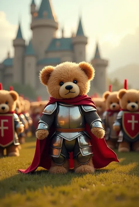 Make a small teddy bear dressed as a knight with a teddy bear army