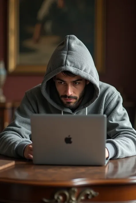 25-year-old Italian boy with a sweatshirt and a hood on his head sitting at an elegant table working with a PC