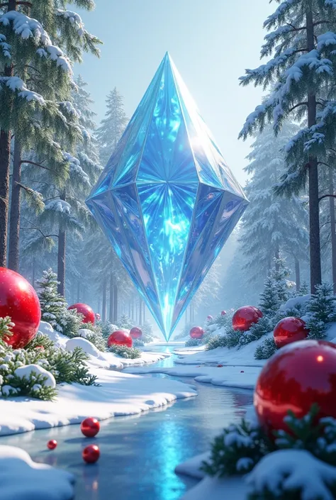 A very large Christmas diamond in a snowy landscape adorned with red spheres, Green and blue