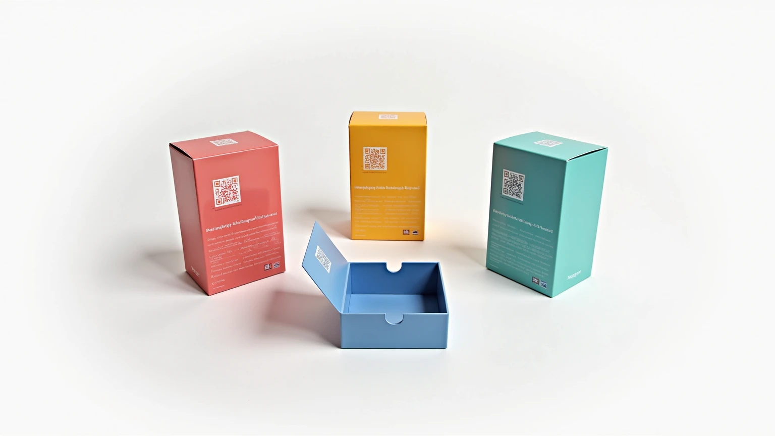 An interactive packaging design with vibrant colors, showcasing a QR code and hidden compartments on a clean white background. The image reflects a professional and innovative approach to packaging, referencing Google-style visuals for engaging and functio...