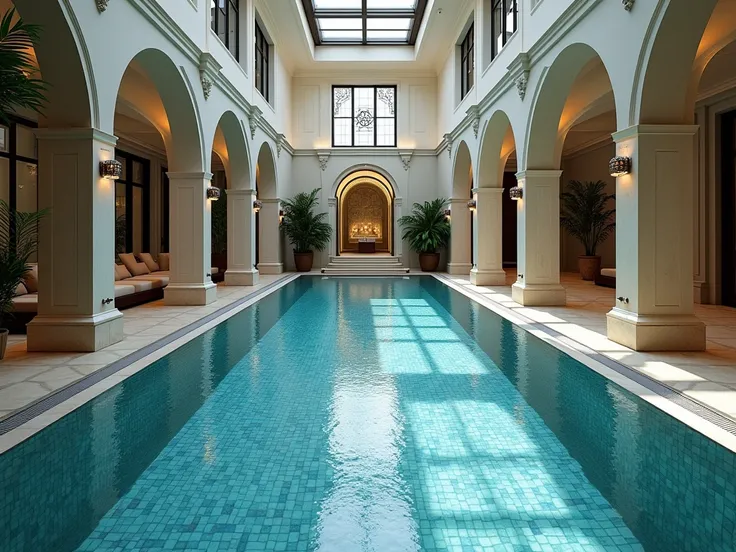 Real life picture of a private indoor expensive swimming pool