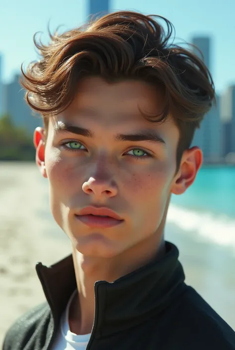  professional photo ,  Teenage male , no beard,  bright green eyes ,  brown hair , face and features perfect soft lips sculpted,  jaw and well-defined cheekbones divine beauty, Divine Aura . On a beach, futuristic city
