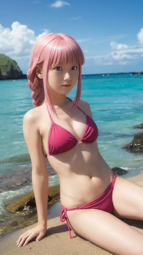 a young girl iroha tamaki in bikini with pink hair posing on a beach in ocean, 1girl, swimsuit, solo, bikini, outdoors, breasts, day, braid, navel, looking at viewer, sitting, beach, side-tie bikini bottom, pink hair, cleavage, medium breasts, ocean, red b...