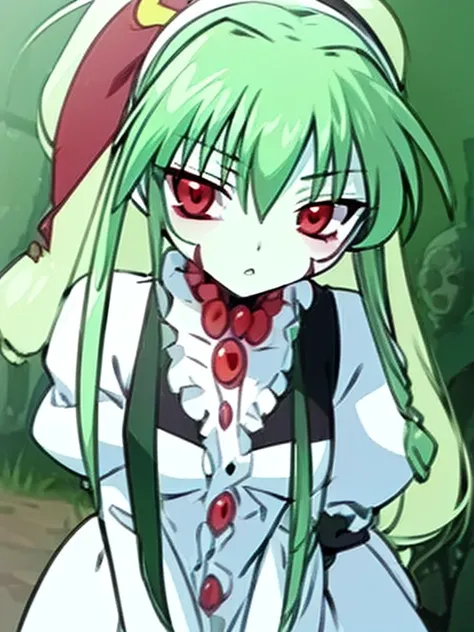 (((COSTUME · ZOMBILAND SAGA · VANILLA · RED EYES · GREEN HAIR · 1GIRL · SOLO · ANIME · PALE SKIN · ZOMBIE FACE)))