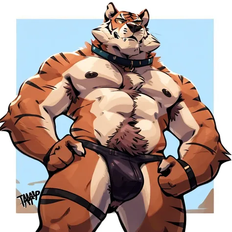 Explicit furry artwork by haps,tuft,very fluffy,Male wolf,big wolf, beautiful face,big muscular,pube tiger ,jockstrap,full bod,daddy pubes,sexy male,low angle view, topless,collar