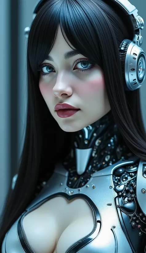 create a futuristic woman with long loose black hair, vibrant blue eyes, thick lips, very beautiful, with a serious face, and with robotic parts