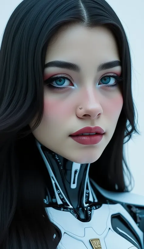 create a futuristic woman with long loose black hair, vibrant blue eyes, thick lips, very beautiful, with a serious face, and with robotic parts