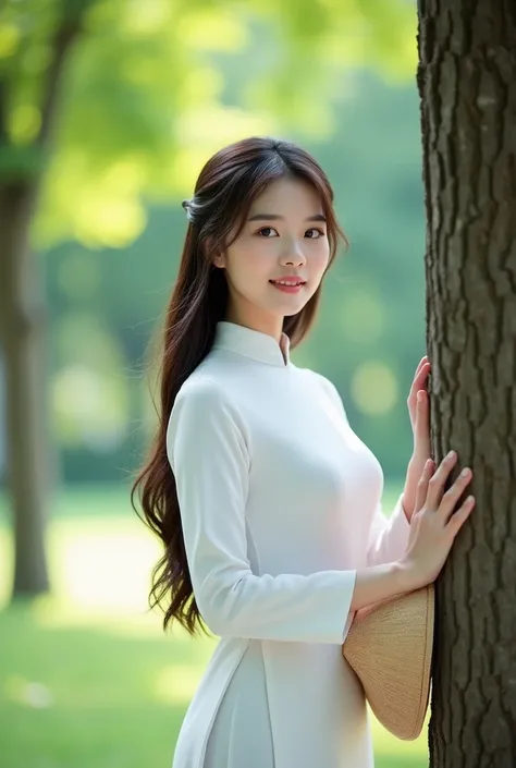 "A beautiful young woman standing gracefully next to a tree in a serene park. She is wearing a traditional white áo dài, a long Vietnamese dress, which highlights her elegance. Her long, dark hair flows naturally, and she holds a conical hat in her hands. ...