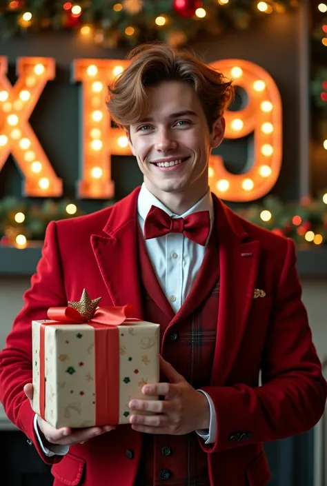  Beautiful young man with brown hair , Christmas suit with gifts .  Christmas atmosphere XP9 sign in the background