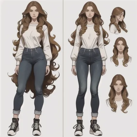 frontal image, concept art of the character, white background, full body, realistic drawing, standing, 1 schoolgirl, long and wavy golden hair, thin white long-sleeved shirt, jeans and black sneakers, ************, extremely beautiful, reclusive posture an...