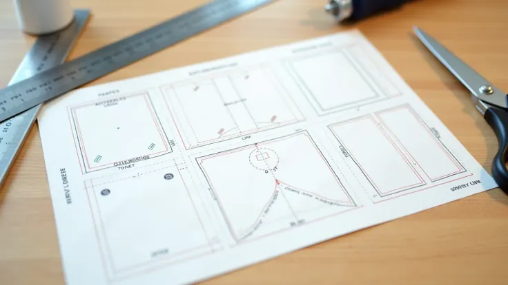 A close-up of a printed dieline template showing clearly marked fold lines, cut lines, bleed areas, and safety margins. The template is placed on a cutting table with scissors, a ruler, and a craft knife nearby, inspired by detailed Google image references...