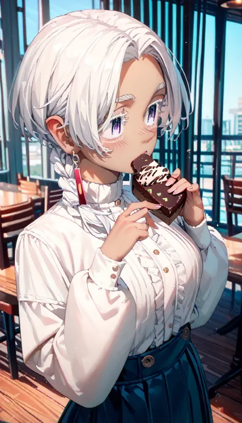 Brown-skinned girl with LONG LONG white hair, violet eyes, with big bust, wearing a high-neck, long-sleeved white blouse and a short light blue skirt and while eating a chocolate cake in a cafeteria