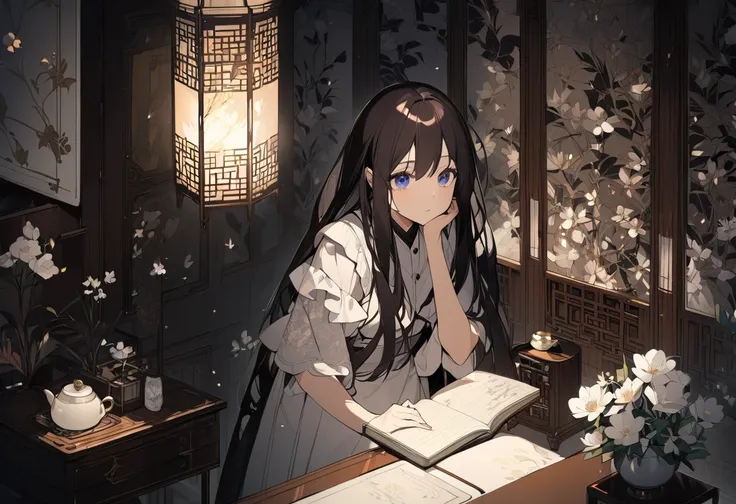 Maid、Close up of an intelligent woman 、 Beautiful Dark Long Hair 、Eyes that stare at me、Looking up、small notebook in hand、A warm room with light shining in、 Botanical Flower 、 with side table and Chinese tea utensils beside