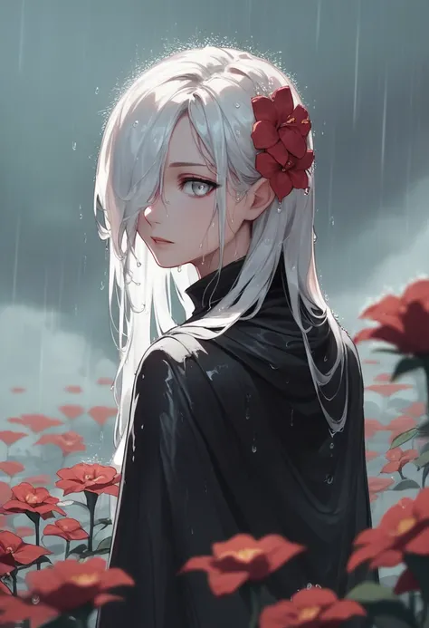 1girl,solo,1girl,solo,((beautiful detailed eyes)), (detailed light),depth of field,(white hair),silver eyes,hair over one eye,(red flower ), hair flower,long hair,black cloak,wet,emotionless,looking back,night,starfall,raining,fog,red flowers falling,sketc...