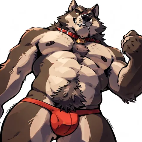 Explicit furry artwork by haps,tuft,very fluffy,Male wolf,big wolf, beautiful face,big muscular,pube wolf ,jockstrap,full bod,daddy pubes,sexy male,low angle view, topless,collar