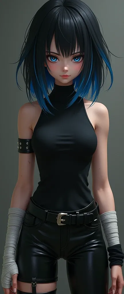 Black-haired girl with her tips painted blue with strong blue eyes with serious eyes in a black sleeveless shirt with a neckline in a black sports top with leather pants with bandages on her hands