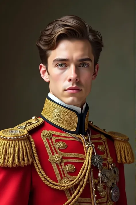 A young man dressed in a royal uniform, yellow dress