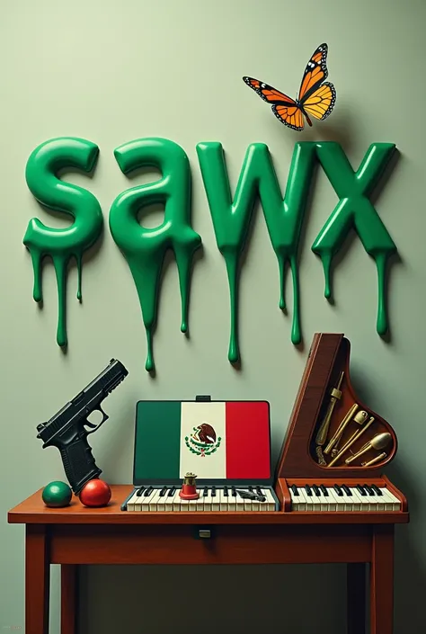  A table with a butterfly knife , the Mexican flag ,  a Glock and a piano ,  in the middle of the photo containing the word “sawx” melting in green 