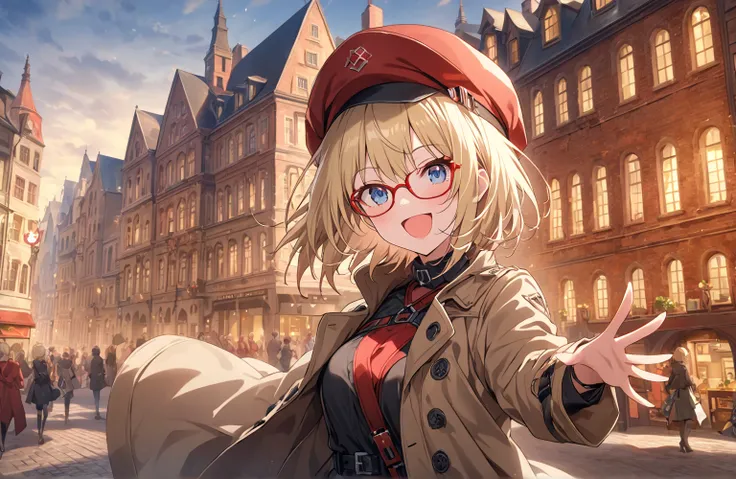  score_9,  score_8_ up,  score_7_ up,  Source_Anime, evaluation_safe,   Masterpiece ,  top quality , solo、Alone、(( red glasses))、Blonde、 bob hair、 blue eyes、 short hair 、European city、Brick Building、smile、 open her mouth 、 happy 、ochre hat 、 ochre coat