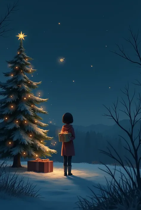 a  in the distance next to a Christmas tree holding a gift in his hand at night and a firefly around him. he is a normal human