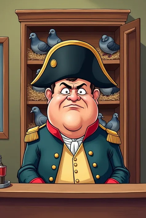 Draw a cartoon of a short Napoleon standing behind a hotel reception desk.

Behind him: an open key cabinet whose cells are full of straw which pigeons are nesting on.