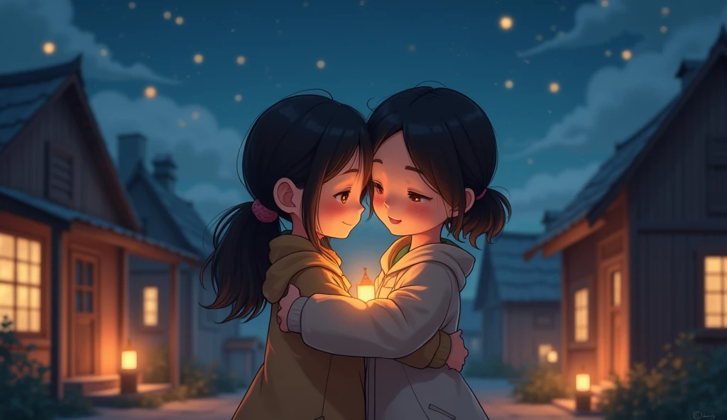 Two Sisters tightly hugged to each other in night time village 