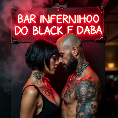 WRITE A SIGN WITH THE WORDS, BAR INFERNINHOO DO BLACK E DIABA, WITH NEON RED LETTERS WITH A BAR BACKGROUND WITH WHITE SMOKE AROUND IT AND A COUPLE WITH THE YOUNG WOMAN WITH SEXY SHORT BLACK HAIR TATTOOED WITH TATTOO ON THE NECK WITH RED EYES AND A BALD MAN...