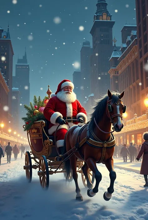 Santa with his horse-drawn carriage circling the city at night