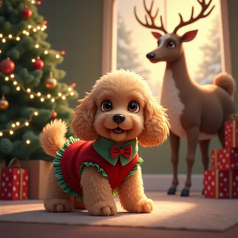 Make a picture of a light brown toy poodle with a Christmas dress, with a Christmas tree, with a reindeer.