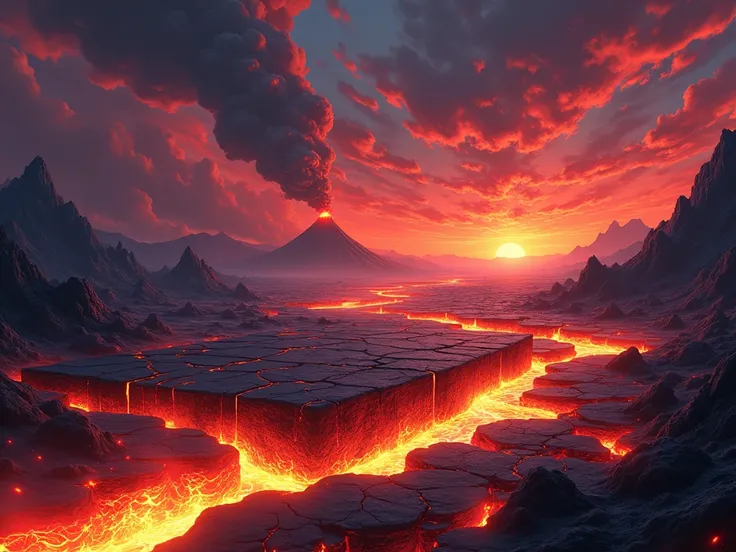 A vivid and intense anime-style landscape of a molten lava field. Rivers of glowing lava flow through jagged, black volcanic rocks. The sky is filled with dark smoke and fiery embers drifting in the air. In the center of the scene, there is a large flat ar...