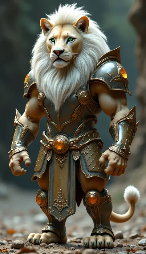 Realistic photography, One lion standing on two legs, feline traits, feline nose, green eyes, light brown skin, short white hair, tail, posing wearing an armor