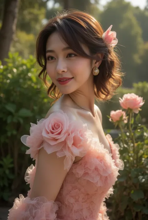 A breathtaking image of a Japanese mature woman, 48 years old, embodying the spirit of a rose fairy. She is adorned with an ethereal gown entirely made of roses that seamlessly cover her body, blending nature and elegance. Her expression is warm and enchan...