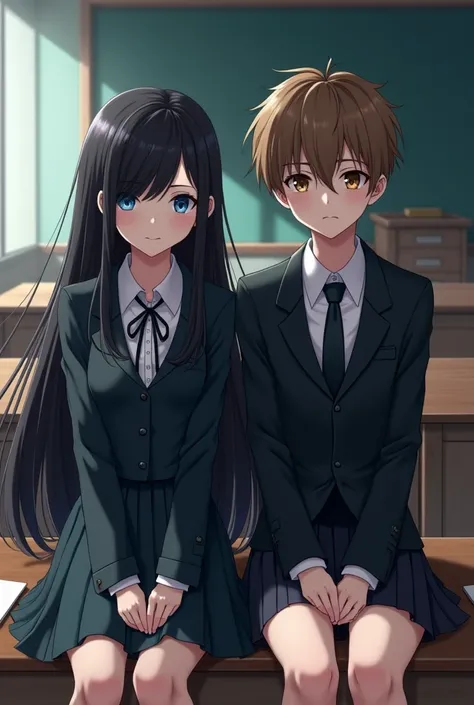 Black haired anime girl with blue eyes, gothic, sitting in class next to an attractive nerdy boy with brown hair and brown eyes, both wearing school uniforms 