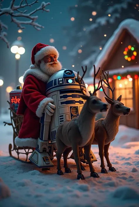 A festive scene featuring R2-D2 dressed in a Santa Claus outfit with a red cape and a collar bell, delivering presents at night during Christmas. The background is adorned with colorful holiday lights, and R2-D2 is riding on a sleigh, accompanied by roboti...