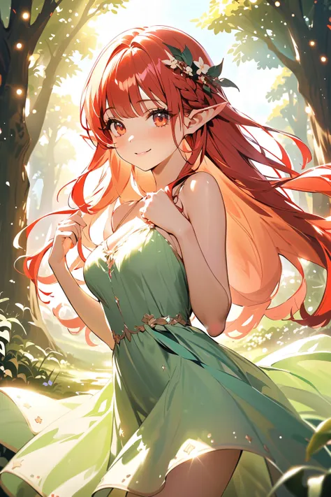 1 girl, (cute face), young elf girl, (braided long hair), (cheerful expression), (medium breasts), slim, (wearing traditional elven dress), ankle-length, (flowing fabric),  
BREAK  
Magical glade, sparkling fairy lights, (dancing among flowers:1.2), (twirl...